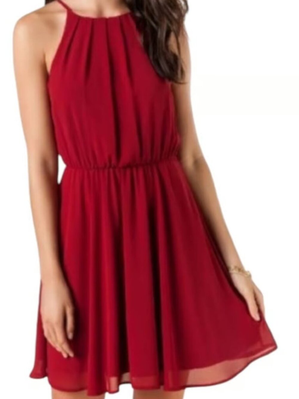 Lush Red Chiffon Pleated High Neck Halter Mini Dress